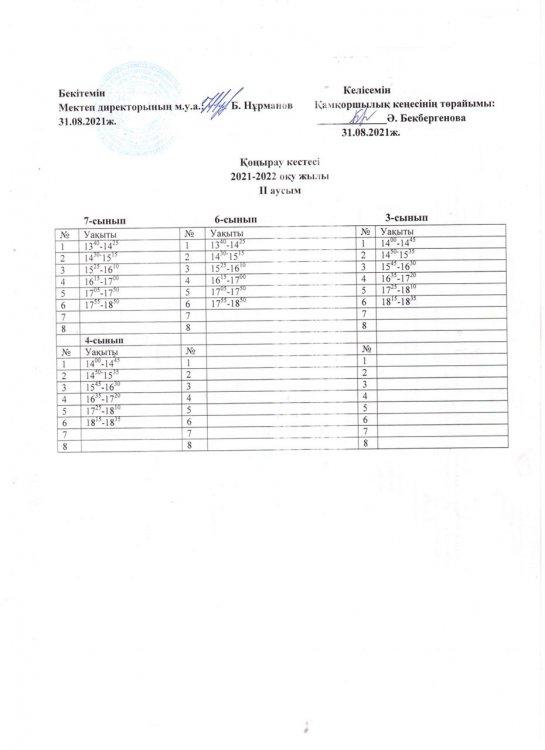 Сабақ кестесі 2021 - 2022 оқу жылы